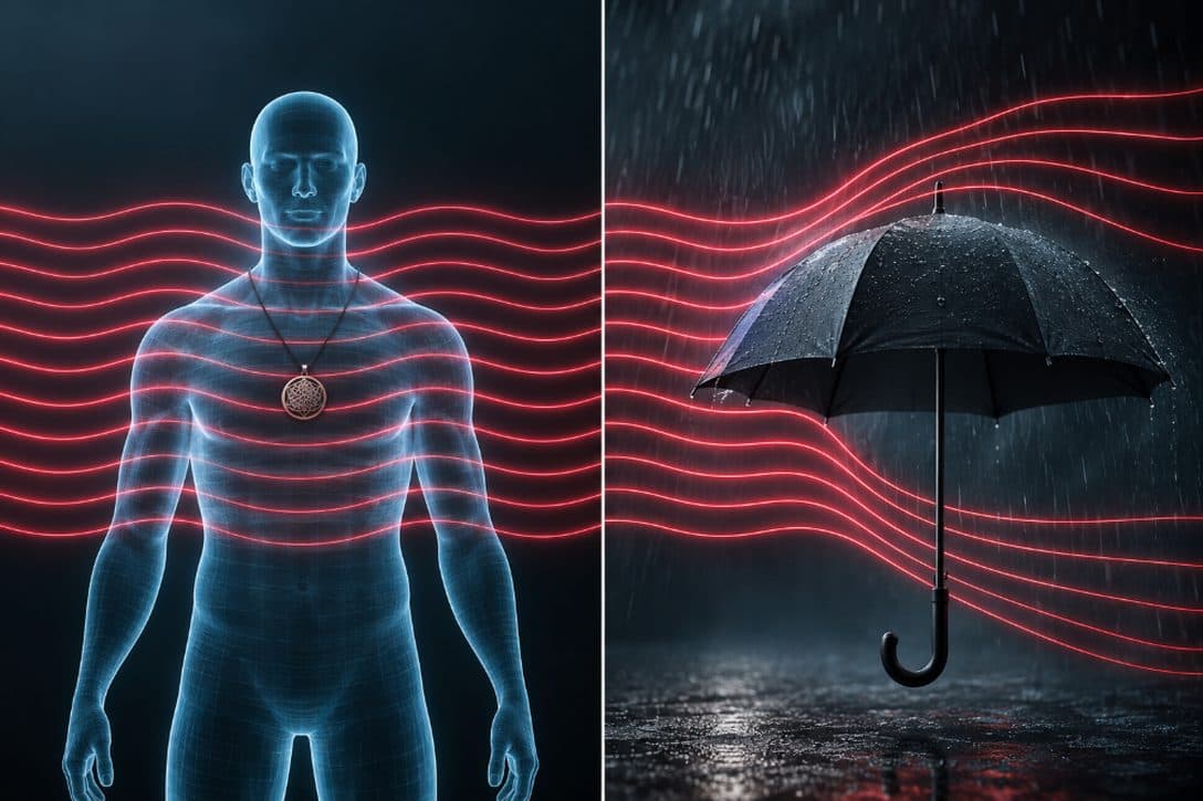 An illustration contrasting a human figure struck by radiation waves with an umbrella deflecting rain.