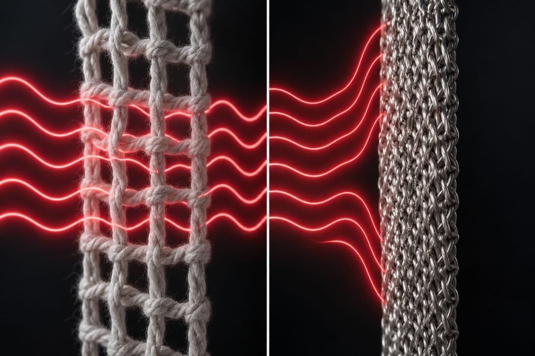A close-up of silver mesh fabric with red signal waves stopping at its surface.