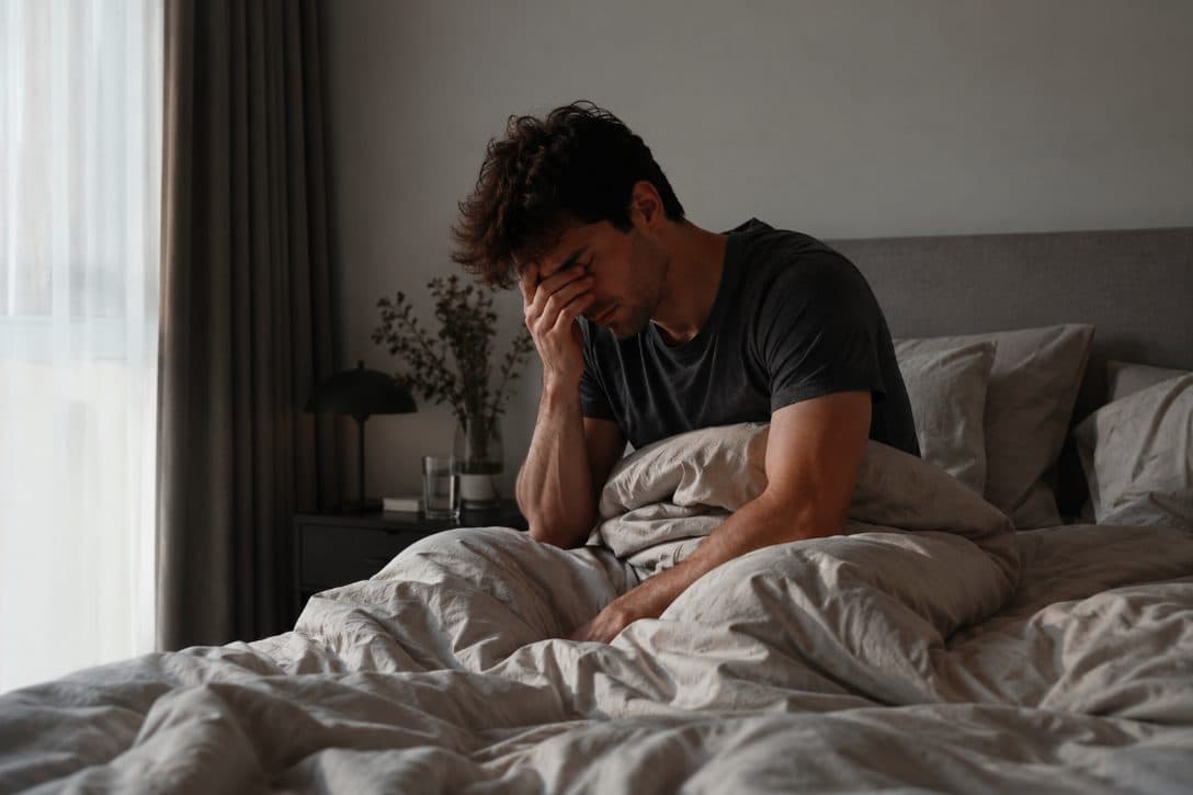 A man lying awake in bed at night, unable to get back to sleep.