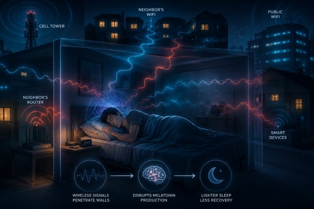 An illustration of a person asleep surrounded by wireless signal waves and sleep-tracking readouts.