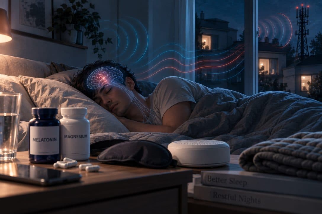 A person sleeping under a blanket in a bedroom, with wireless signals shown deflecting away from the bed.
