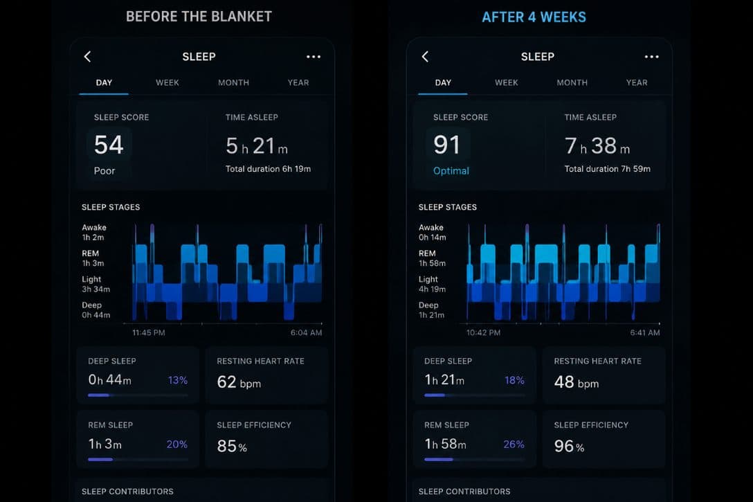 Two sleep-tracker screens side by side, labelled before the blanket and after four weeks, showing higher sleep scores after.