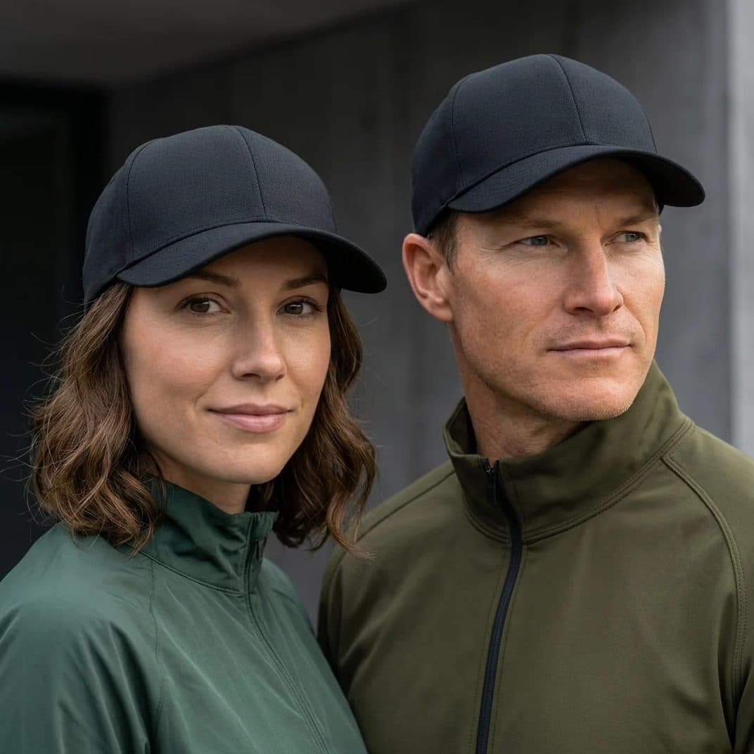 A woman and a man both wearing navy HAVN WaveStopper caps.