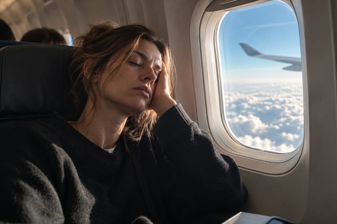 A passenger asleep against an aircraft window in a bright cabin.