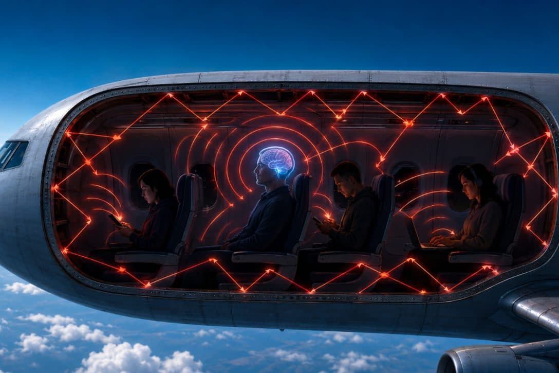 An illustration of an aircraft cabin window with red electromagnetic waves radiating through it.