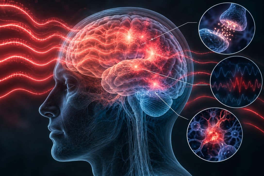 An illustration of a human head in profile with red signal waves and inset brain scans.