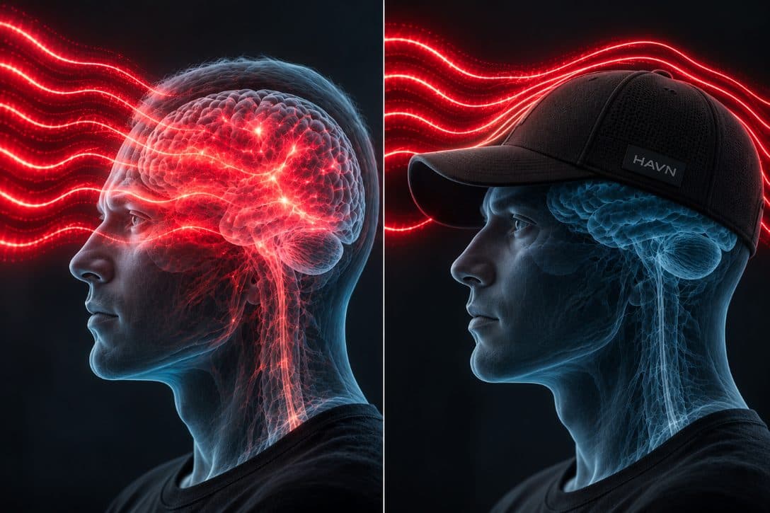 Two illustrated head scans side by side showing brain activity with and without shielding.