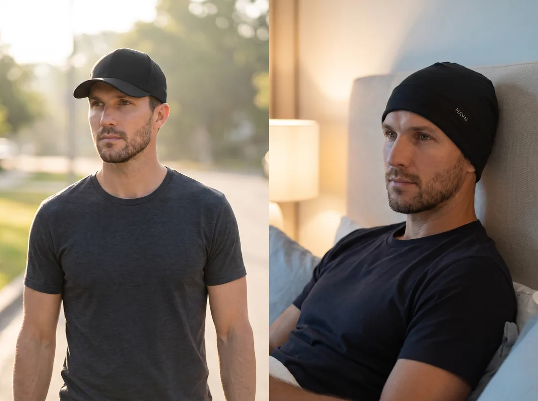 Focused by day in the cap, resting by night in the beanie